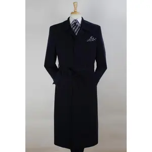 Mens Full Length Long Belted Overcoat in Navy