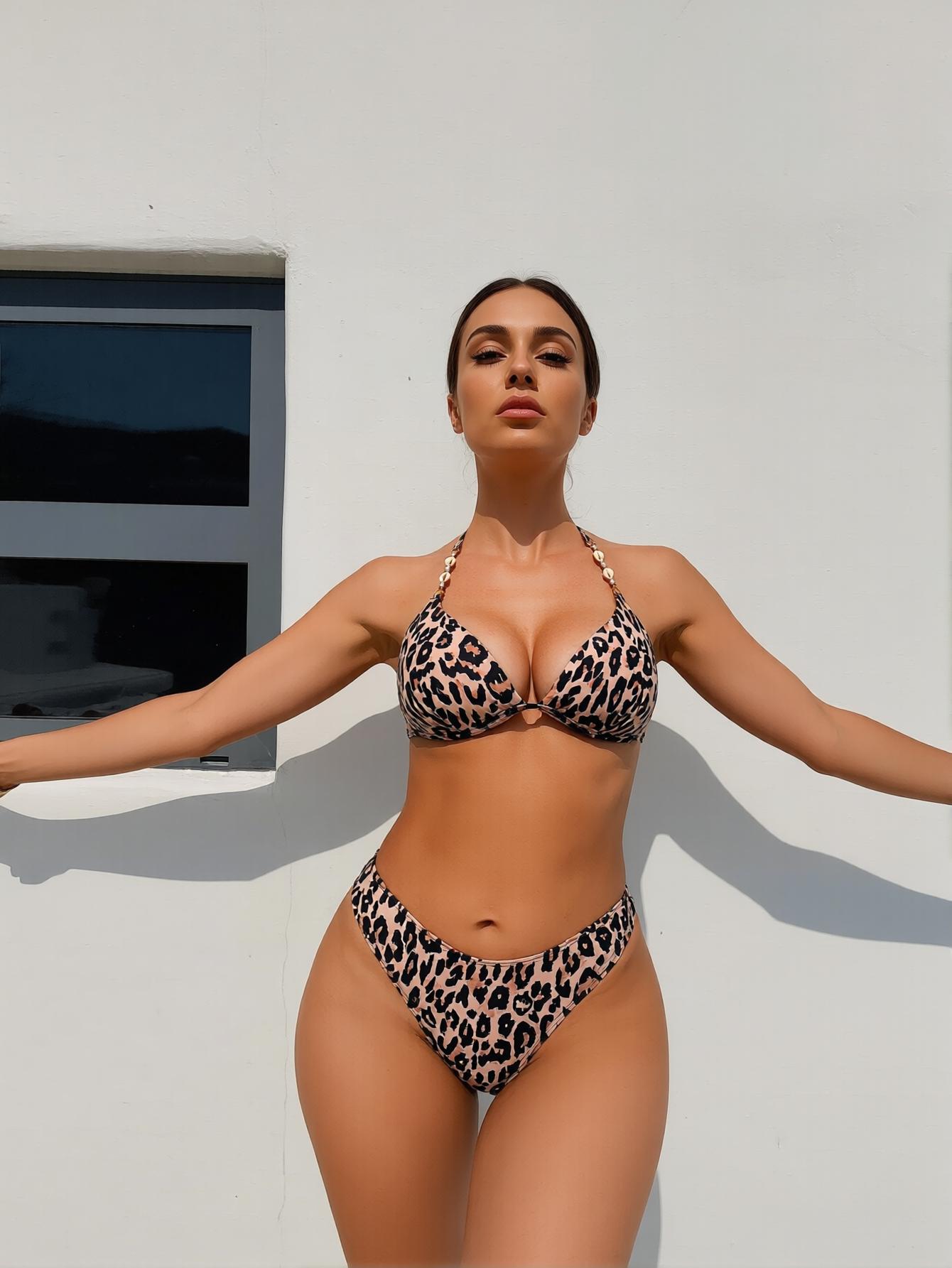 2026 summer leopard print triangle bikini set, shell bead halter straps paired with high-waist thong, personality split swimsuit, perfect beachwear for pool parties and seaside vacations