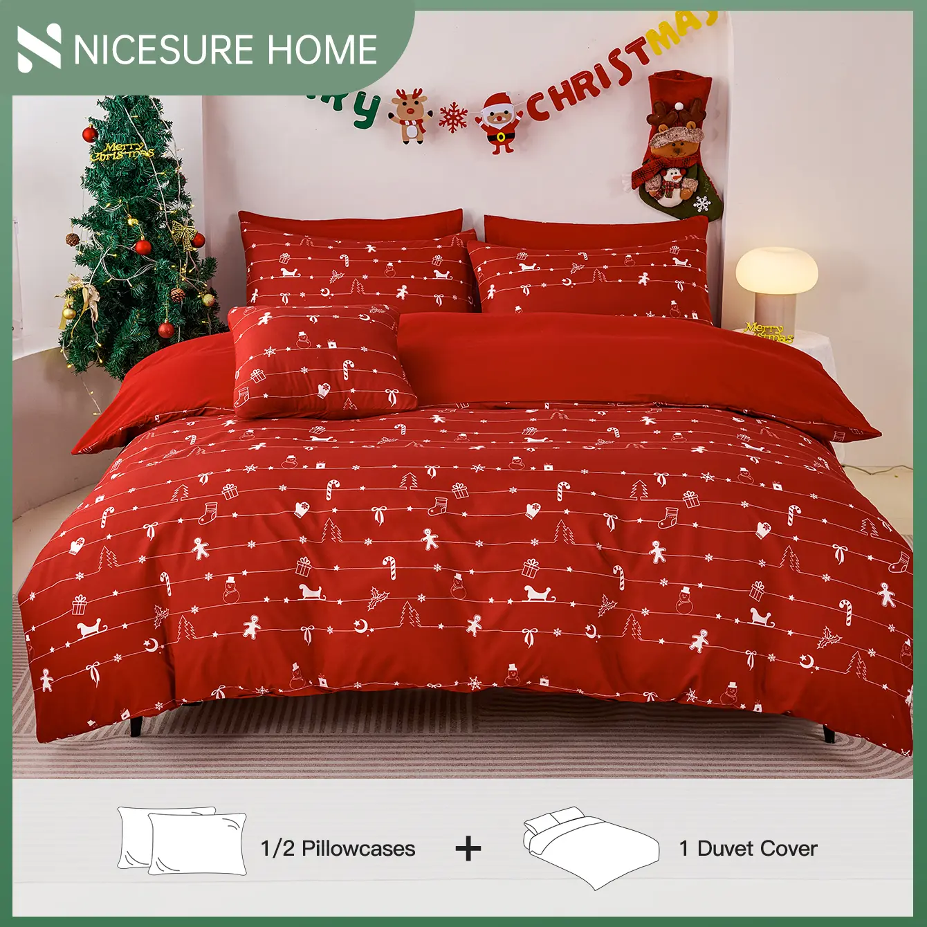 Nicesure 2/3pcs Red Christmas Elements Printed Duvet Cover Set OEKO-TEX Certified Soft Breathable Bedding with Pillowcases 1pc Duvet Cover+1/2pcs Pillowcase Without Filler Chic Christmas Decorative Bedspread for Bedroom Dorm Essentials