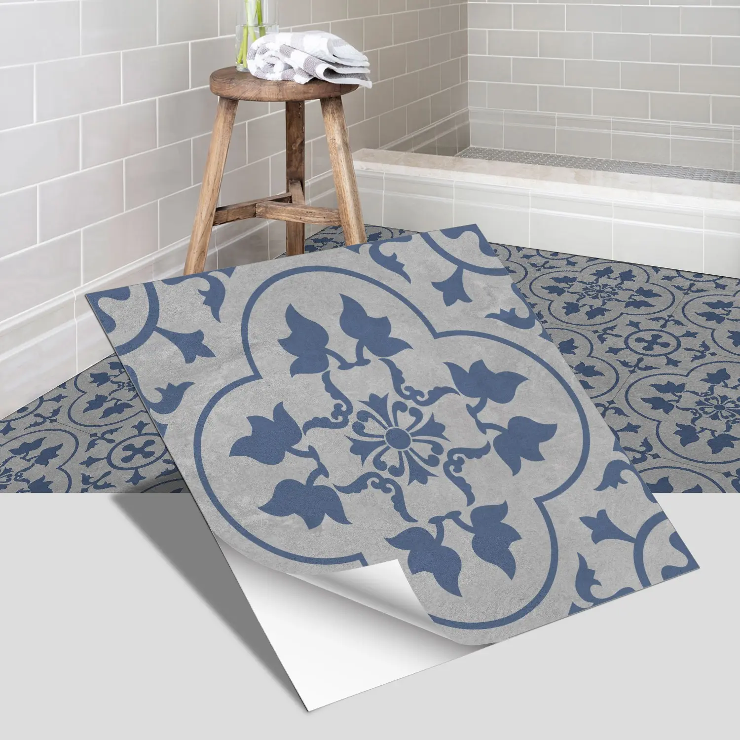 4pcs Blue & Vintage Floral Peel and Stick Floor Tiles, Waterproof Self-Adhesive Vinyl Flooring, Removable Retro Pattern, 7.87x7.87 Inches