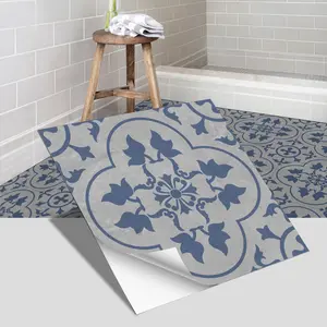 4pcs Blue & Vintage Floral Peel and Stick Floor Tiles, Waterproof Self-Adhesive Vinyl Flooring, Removable Retro Pattern, 7.87x7.87 Inches
