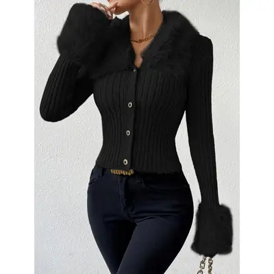 Cardigan Corto Nero A Maglia Con Frange E Pompon Di Pelliccia Sintetica - Donna
