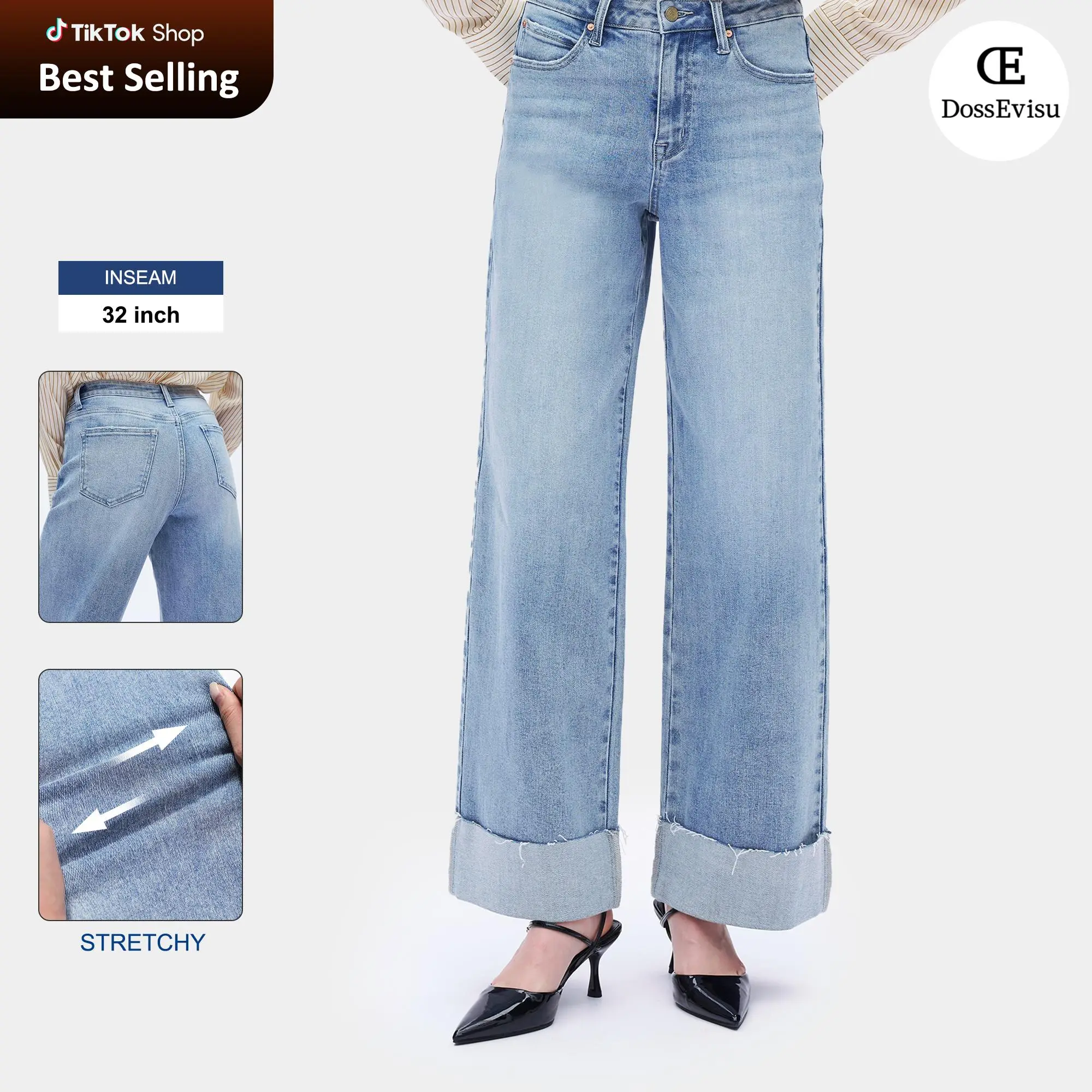 DOSSEVISU Woman Mid Rise Cuffed Wide Leg Jeans All Seasons Casual Outing Loose Baggy High Stretch Denim Pants Pockets Style