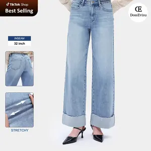 DOSSEVISU Woman Mid Rise Cuffed Wide Leg Jeans All Seasons Casual Outing Loose Baggy High Stretch Denim Pants