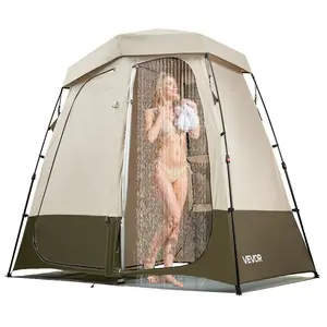 VEVOR Camping Shower Tent, 2-Room Foldable Privacy Tent Changing Room with Ground Stakes, Ropes, Carry Bag, and Crossbar, 150D Oxford Fabric with Silver Coating, for Camping, Beach, and Fishing