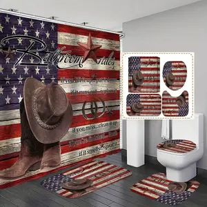 Cowboy Hat Pattern Bathroom Decor Set, 4 Counts/set Including 1 Shower Curtain, 1 Toilet Lid Cover, 1 Rectangular Mat, 1 U-shaped Mat, Bathroom Accessories