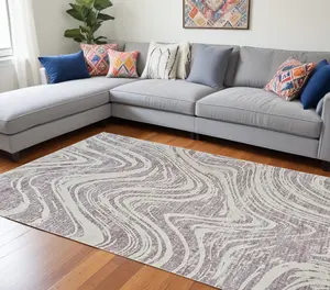 212 MAIN 8x11 ft. Rectangle Size Modern Machine-Woven Abstract Print Area Rug, Beige & Purple, Distressed Design, Stain Proof, for Indoor Use
