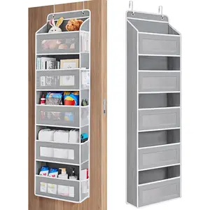 Over The Door Organizer Storage, 5 Shelf Hanging Door Organizer with 5 Large Capacity Pockets, Anti Tilt 44 lb Load Behind Door Storage for Bedroom, Bathroom, Pantry, , (Grey)