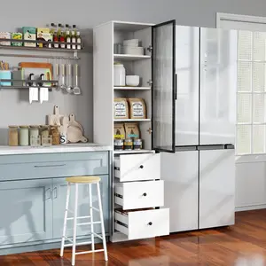70.87" Tall Narrow Storage Cabinet with Glass Door & 3 Drawers, Freestanding Floor Cabinet for Bathroom, Living Room & Kitchen