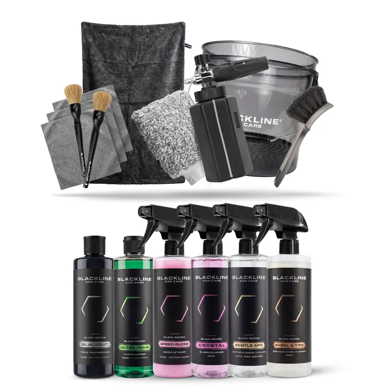 BLACKLINE Blackout Car Wash Kit - Complete Automotive Detailing Setup with Foam Cannon, Ultra Foam, Microfiber Towels, 3-Pack Wipes, Vent Brushes, Wheel Cleaner, Tire Dressing & More for Cars/SUVs Detailing Products (No Guesswork)
