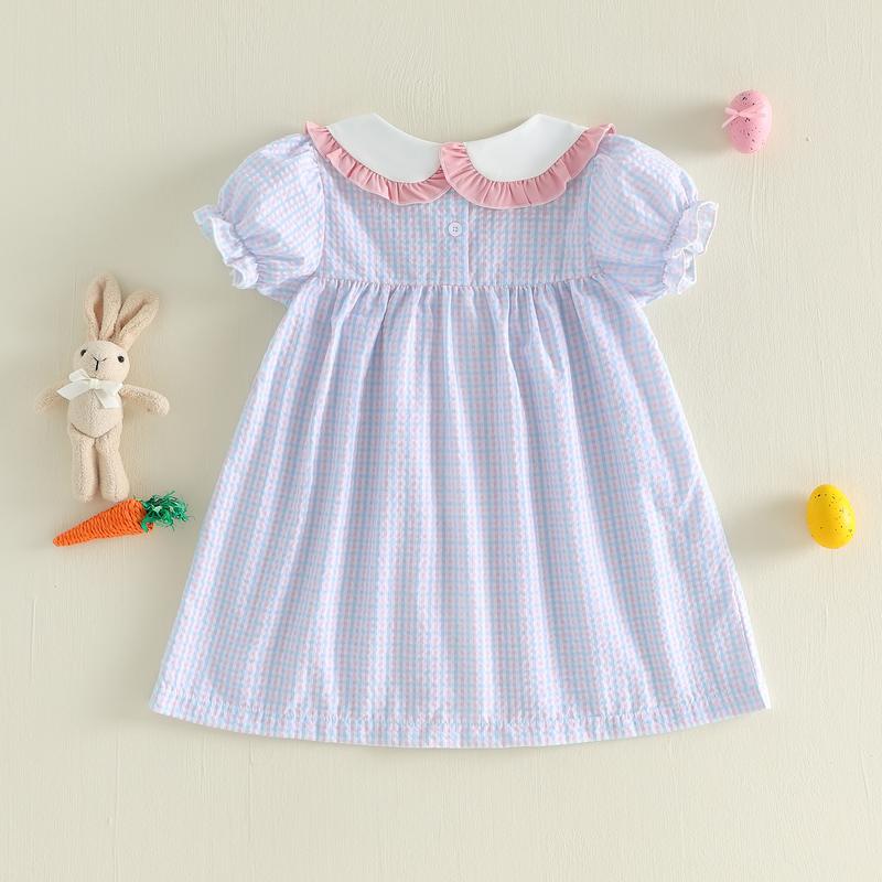 Emmababy Kids Baby Girls Dress Easter Clothes Rabbit Embroidered Plaid Short Sleeve Casual Dress Toddler Princess Dress 1-6 Years