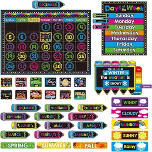 169 count Classroom Calendar Bulletin Board Set, Calendar Seasons Weather Chart Bulletin Board and Classroom Display with Stickers for Bedroom Wall Decoration(Chalkboard Brights Style)