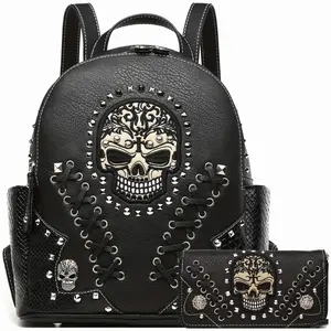 Sugar Skull Punk Art Studded Motorcycle Wallet Women's Fashion Backpack Python Backpack Crossbody Bag Wallet Set, Black Set, Ideal Christmas Gift