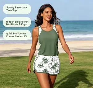 Women's Two Piece Modest Tankini Swimsuit, Sleeveless Racerback Tank Top with Hidden Pocket Swim Shorts, Quick Dry Tummy Control Bathing Suit for Beach Pool SUP Outdoor