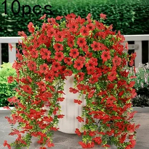 10 pieces long-style red artificial violets wall hanging artificial plants for hanging, eucalyptus greenery, hanging vines, home decoration, decorative flowers, silk flowers, Artificial Faux Plants