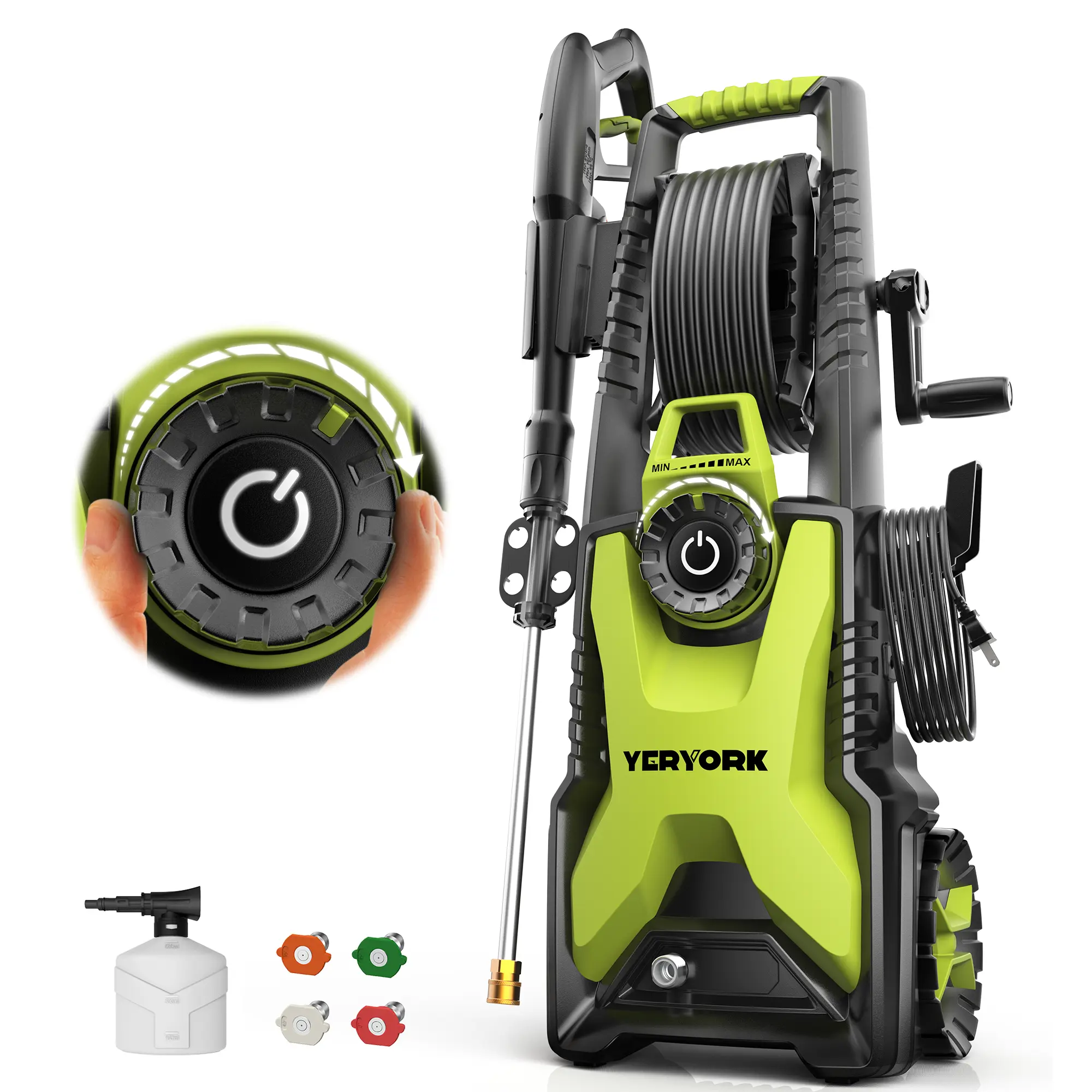 Electric Pressure Washer, 2.5 GPM Power Washer with 33FT Retractable Hose Reel, Adjustable Pressure, High Pressure Cleaning Machine with 4 Nozzles & Foam Cannon, Stainless Steel Lance, Portable Electric Pressure Washer for Cars, Patios, Outdoor Cleaning