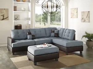 Poundex F6858 3 pc Two Tone Grey Fabric & Faux Leather Sectional Sofa Set with Reversible Chaise & Ottoman Modern Living Room Seater