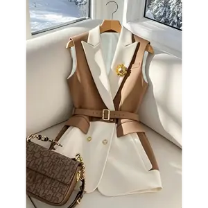 Women's Elegant Contrast Color-Block Vest - Summer Lightweight Belted Cardigan with Golden Buttons, Machine Washable Round Neck Blazer for Casual & Formal Outfits, Outfit Enhancer, Structured Design, Sophisticated Tailoring