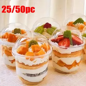 25/50pc Transparent Plastic U-Type Cup, 12oz with Dome Lid, Ideal for Cake, Pudding, Ice Cream, Coffee, Cold Hot Drinks, Party Supplies, Clear Dessert Cups
