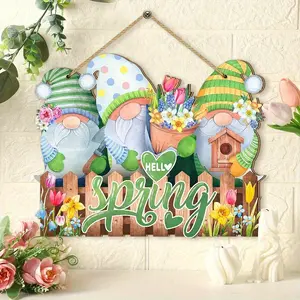 'hello Spring' Dwarf Wall Sign, Colorful Wooden Plaque with Fantasy Dwarf, Flowers, Birdhouse Design, Farmhouse Porch Door Window Decor, Rustic Design