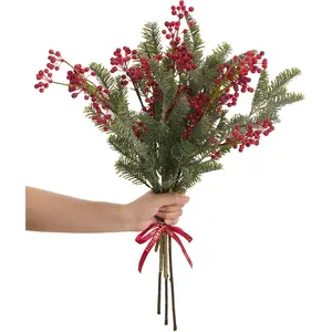 6-Pack Christmas Greenery Stems with Red Berry Stems Branches-Artificial Christmas ,Faux Norfolk Pine Cedar Branches Bouquet for DIY Holiday Decor,Table Christmas Centerpiece