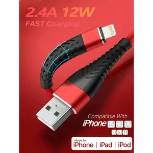 Durable nylon-braided fast-charging data cable, MFi Certified Apple Cellphone Charging Cable, available in 3ft/6ft options. Compatible with Apple 14/13/12/11 Pro Max/XS/XR/8/7/Plus and iPad