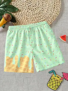 Cool Flame Print Boys' Beach Shorts, Trendy Coastal Essential, Loose Fit Trunk Swimwear, Elastic Waist Design, All Seasons
