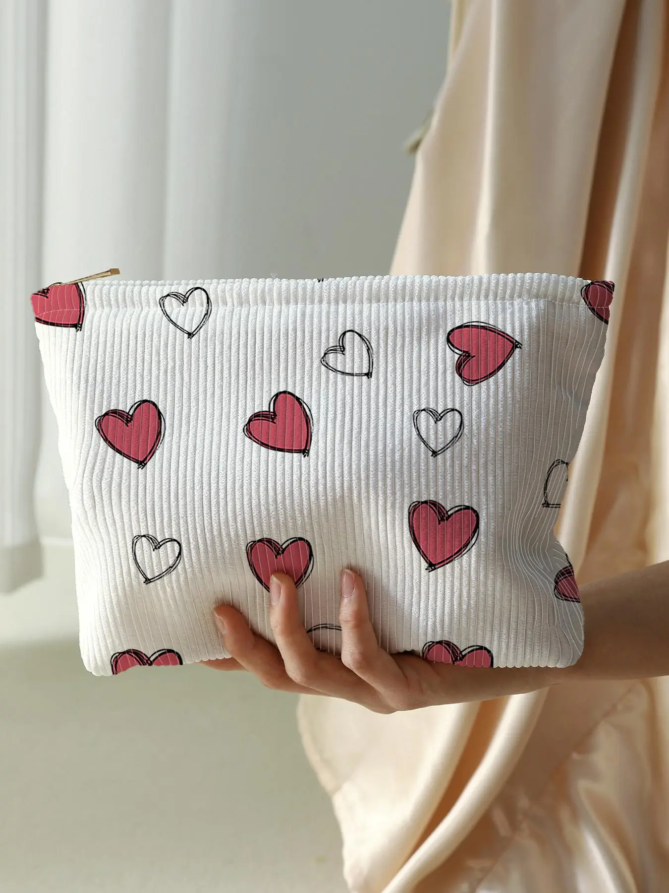 Cute Heart Pattern Makeup Bag, Multifunctional Large Capacity Cosmetic Storage Bag, Cosmetic Pouch, Casual Versatile Zipper Corduroy Makeup Bag for Tr