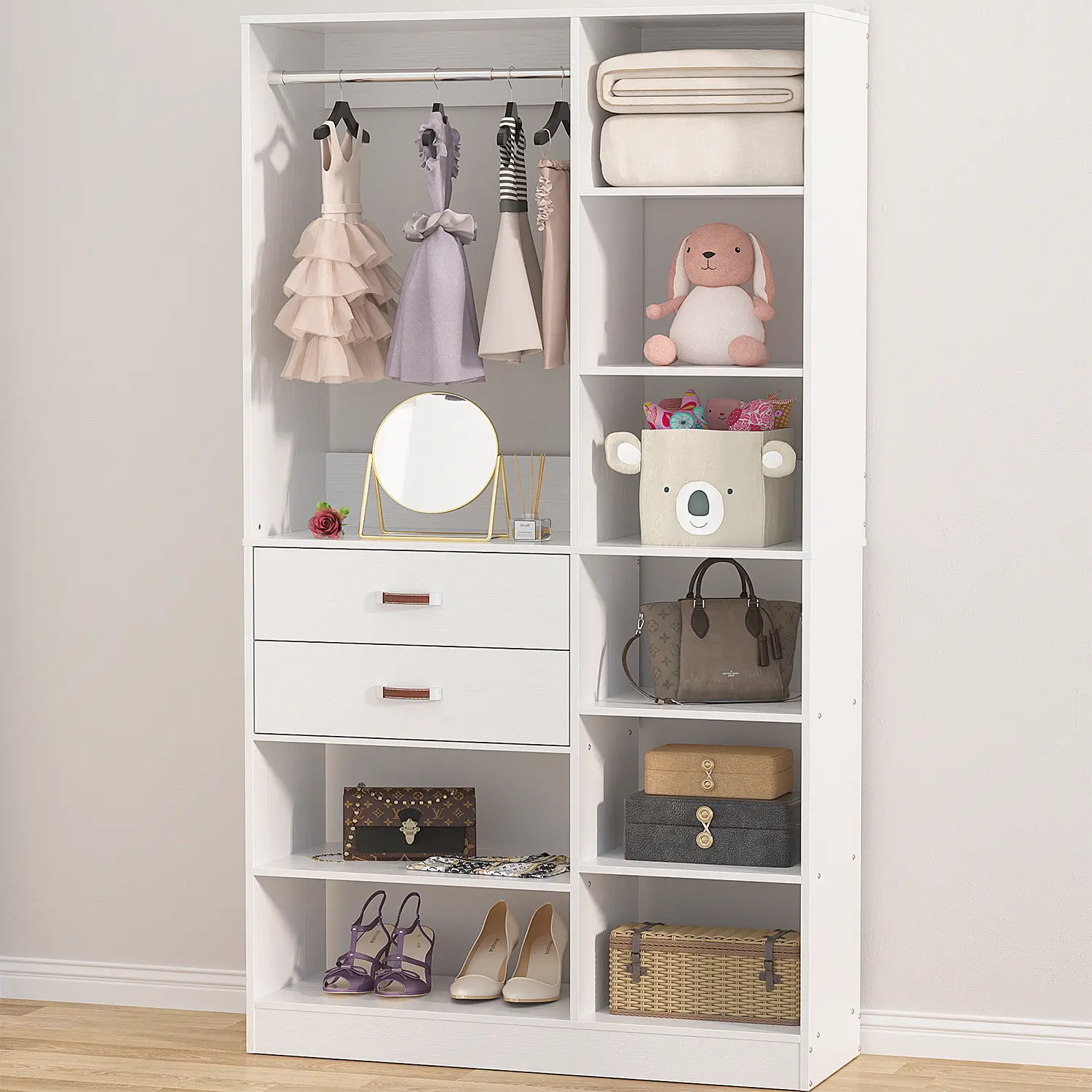 Cyclysio Freestanding Closet System with 10 Storage Shelves and 2 Wood Drawers, Wardrobe with 10 Shelves, Wood Walk-in Closet with Hanging Rod