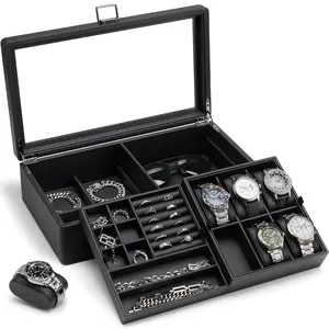 VLANDO 6-Slot Textured Leather Watch Box & Jewellery Organizer with Compartments, Glass Lid, Bracelet Storage, Ideal Gift for Him, Father