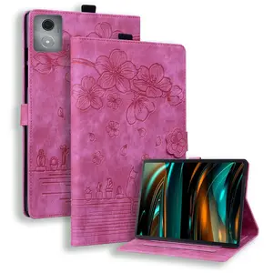 Cherry Blossom Cat Tablet Case for Lenovo Tab M8/M9/M11/P11/P12 (2025) - Premium PU Leather Protective Cover with Stand & Card Slot, Auto Sleep/Wake Function