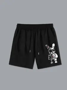 Men's Cyber Bunny Streetwear Shorts - Half-Mecha Rabbit Graphic Print Black Shorts, Techwear Streetwear with Futuristic Design, Soft Cotton Blend Drawstring Waist Casual Shorts, Perfect for Street Style, Gaming Events and Summer Wear