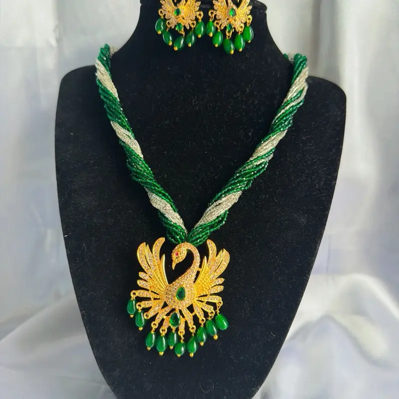 Green Beaded Mayur Pendant Set with Chiffon, Hydro Crystal Potey, Matching Earrings – Bead Embellished, Culturally-Inspired, Dazzling Beadwork Necklaces, Bead Embellished Necklaces