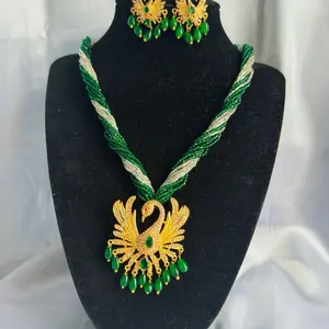 Green Beaded Mayur Pendant Set with Chiffon, Hydro Crystal Potey, Matching Earrings – Bead Embellished, Culturally-Inspired, Dazzling Beadwork Necklaces, Bead Embellished Necklaces