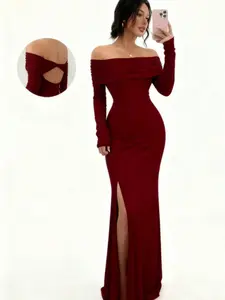 Elegant Long Sleeve One Shoulder Split Hem Dress, Fashionable Slim Fit Bodycon Gown for Women, Chic and Sexy Evening Wear