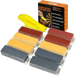 180 count Mini Detail Sanding Kit, 80-1000 Grit Sandpaper with Finger Sanding Blocks for Small Areas and Corners, Ideal for Woodworking, Furniture Repair, Crafts and DIY