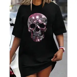 Women's Plus Size Gothic Boho T Shirt Oversized Round Neck Short Sleeve Glittery Pink Black Skull Print Medium Stretch All Season Casual Statement Outfit Comfortable Stylish Versatile Plus Size Top