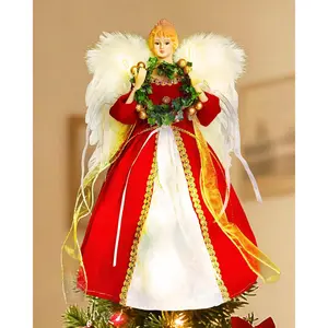 Angel Tree Topper with Lights |   12 Inch Christmas Angel Tree Topper with Feather Wings |   Battery Powered Christmas Tree Toppers Lighted for Vintage Decor |   Xmas Tree Topper Ornament, Red