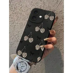 Cheetah Print Animal 1pc Black Precise Camera Hole Phone Case With Leopard Print, Cherry Blossom & Bow Soft Cover, Compatible With IPhone 16 Pro Max, 16 Plus, 16 Pro, 12/13 Mini, 14/15 Plus, 13 Pro Max, 12, 11, 7G, 7P, IX, XR, XS Max