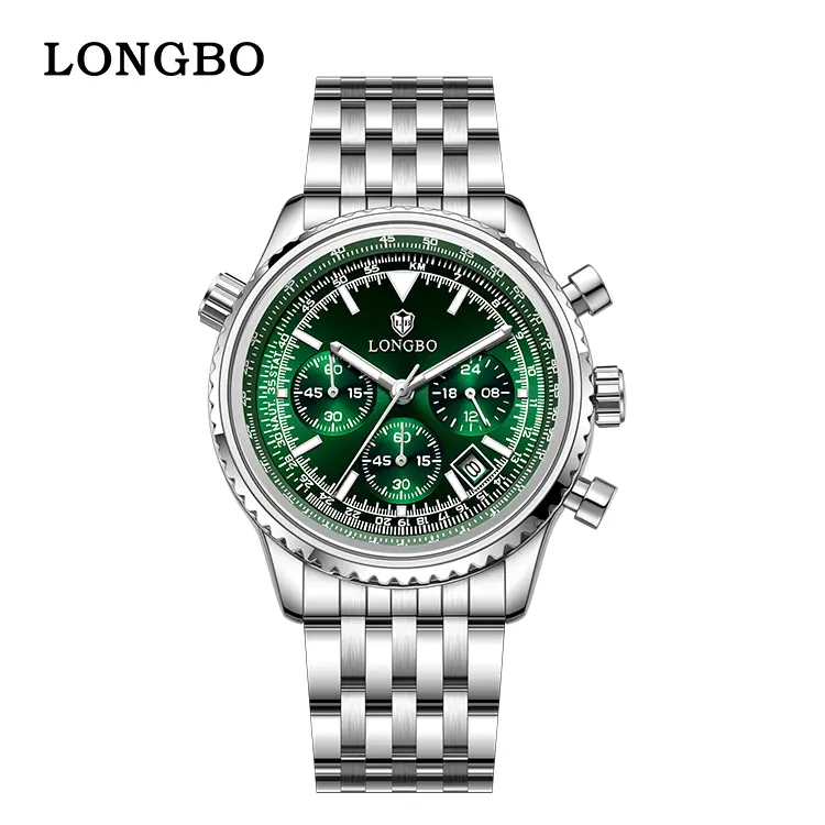 Men's Fashion Chronograph Watch, Silver-Tone Analog Wristwatch with Multifunctional Subdials, Green Geodetic Dial, and Brushed Metal Band, Chronograph Analog, Fashion Multifunctional Chronograph