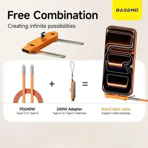 Basemo 240w Super Fast Charging, 360 degrees Rotating Invisible Stand, Detachable Dual-In-One Cable, Zinc Alloy Silicone Type-C Line, Portable Fast Charger