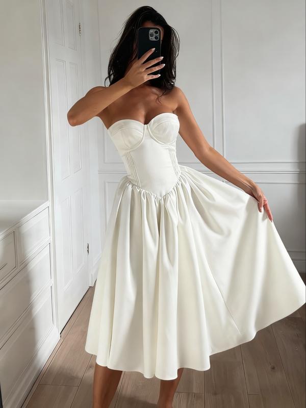Women's elegant white slim-fit strapless floor-length dress with simple chest-shaped back strap design for evening gowns, suitable for wedding parties, clubs, formal wear, Classy Dresses