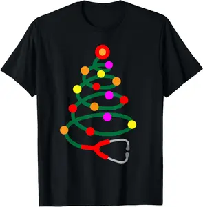 100% Cotton Nurse Christmas Tree Stethoscope Nurses Xmas Scrub Top T-Shirt