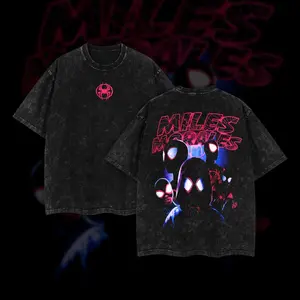 Miles Morales Spider-Verse Acid Washed Oversized Tee – Double-Sided Graphic Cotton Shirt | Heavyweight Streetwear for Boys & Men | TV Series Inspired Merch | Washed Floral Print