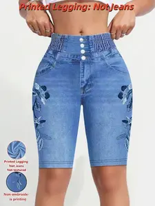 Women's Printed Leggings Non-Denim Fabric, Casual Fashion Tight Shorts, Elastic Fake Jeans Print, All-Season Comfort Bottom Lady