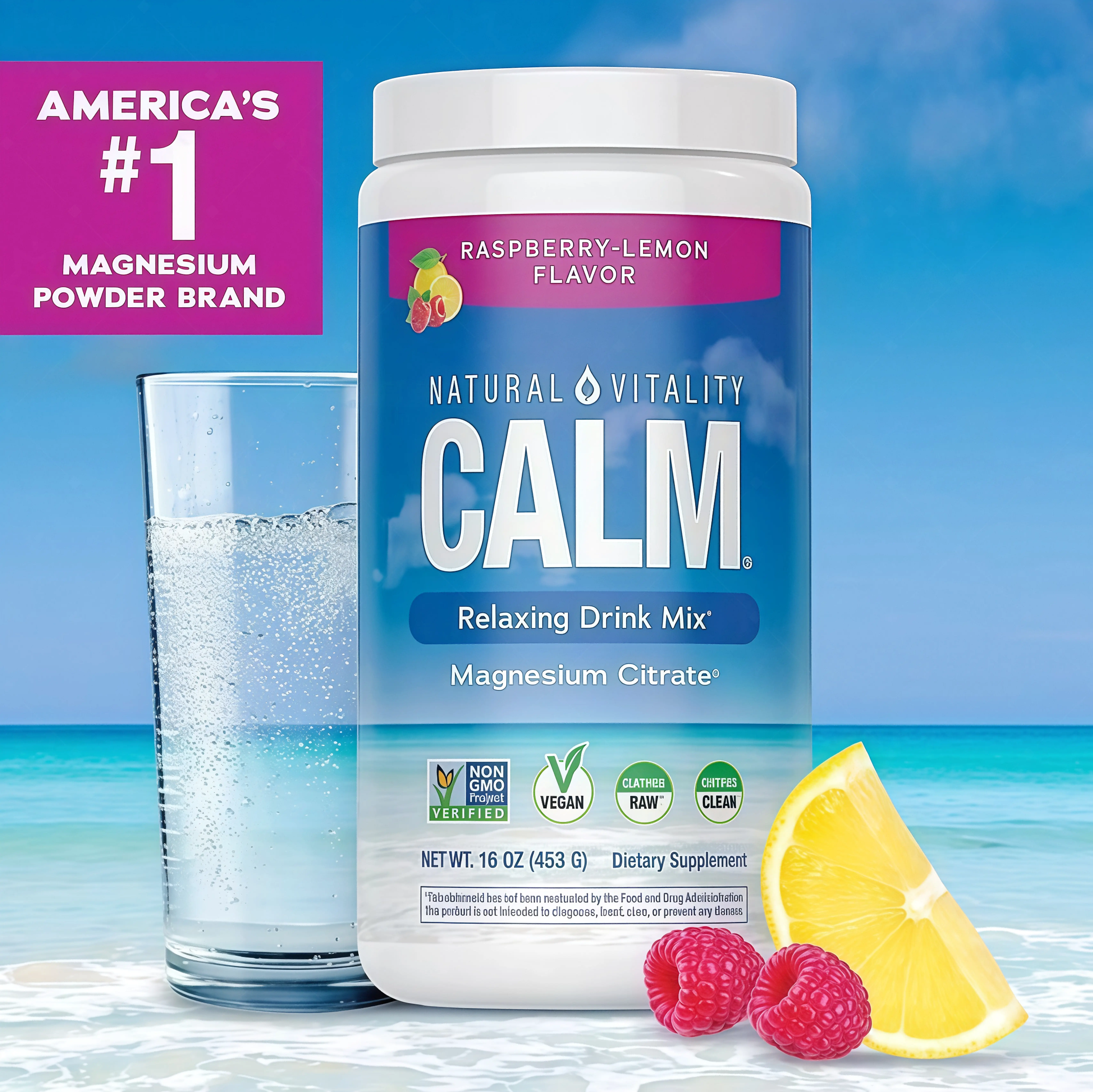 MaxCalm Relaxing Drink Mix RT- Anti Stress Drink Mix - With Ionic Magnesium Citrate + Glycinate - Raspberry Lemon Flavor - 16 oz (453 g) - 113 Servings