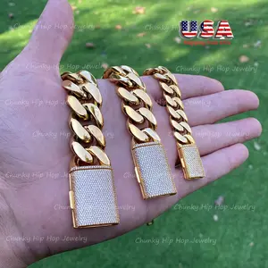 Stainless Steel Solid Miami Cuban Link Jewelry - 5A Diamond Iced-Out Bling Clasps, Exquisite Trendy Bracelet Style, Gold Fashion Accessory for Enthusiasts