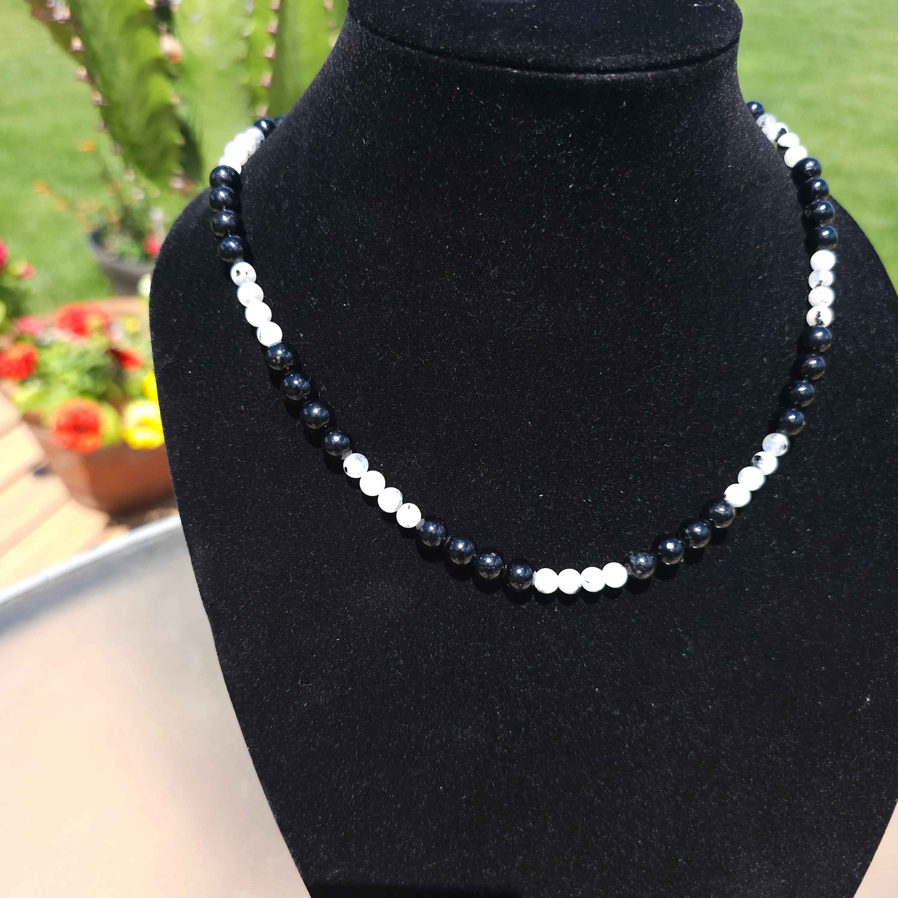 Rainbow Moonstone and Black Obsidian Necklace 20 1/2