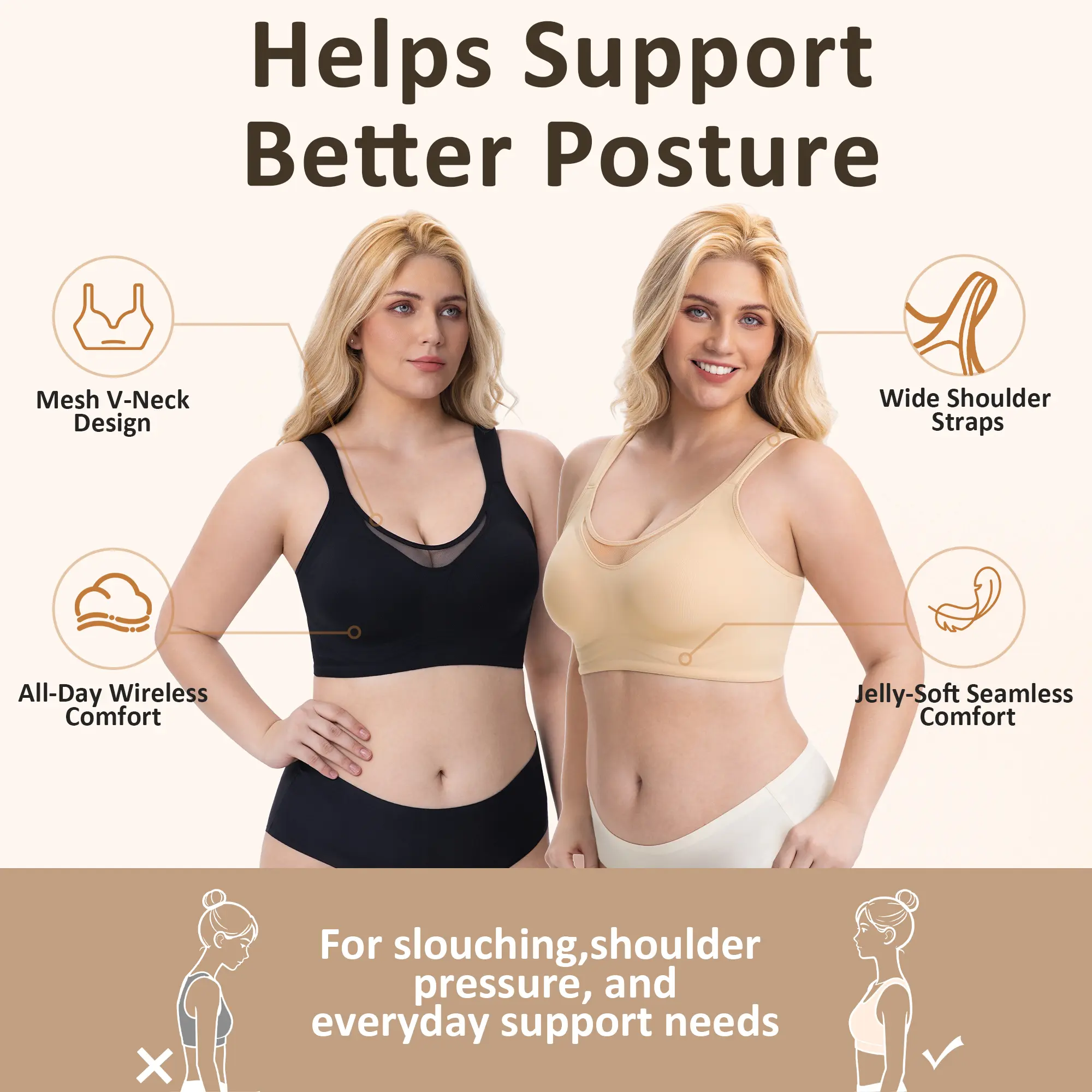 Lusait Women's Wireless Stretchy Breathable Fabric Bra - Supportive Wide Straps, Full Coverage V-Mesh, Semi-Fixed Padded Bralette Plus Size No Underwire Seamless Buckle-Enhanced Elegance Cooling Bra Everyday Comfort