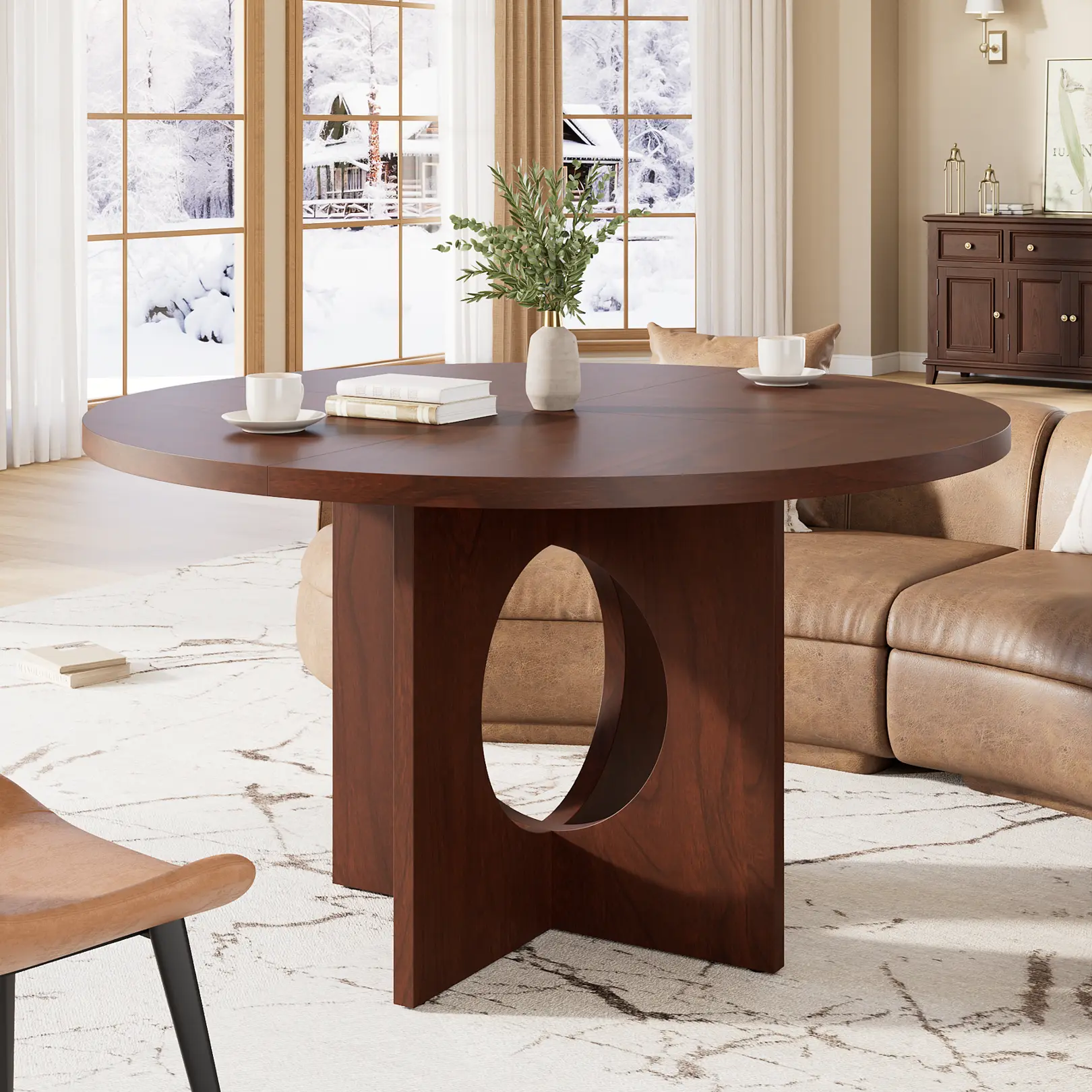 47" Round Dining Table - Space-Saving Sturdy Pedestal Base Modern Furniture for 4-6, Apartment Decor, Studio Apartment Use (Walnut/Brown/Black), Furniture For Apartment